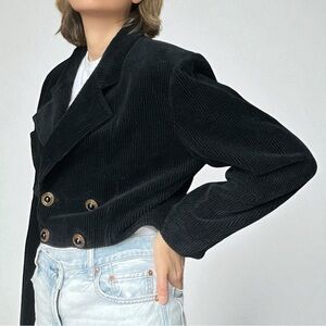Vintage 80s 90s Cropped Corduroy Blazer Black Wide Rib Boxy Oversized Jacket S
